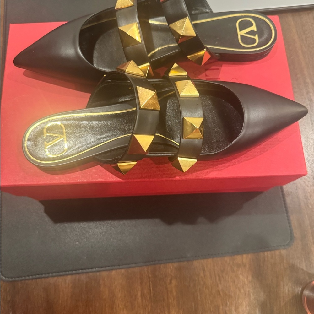 Valentino Black and Gold Studded Mules